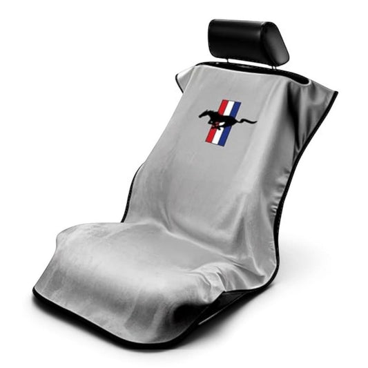 T-Top Vibes Ford Mustang grey cotton terry velour car seat cover towel with iconic pony logo and red white blue stripe