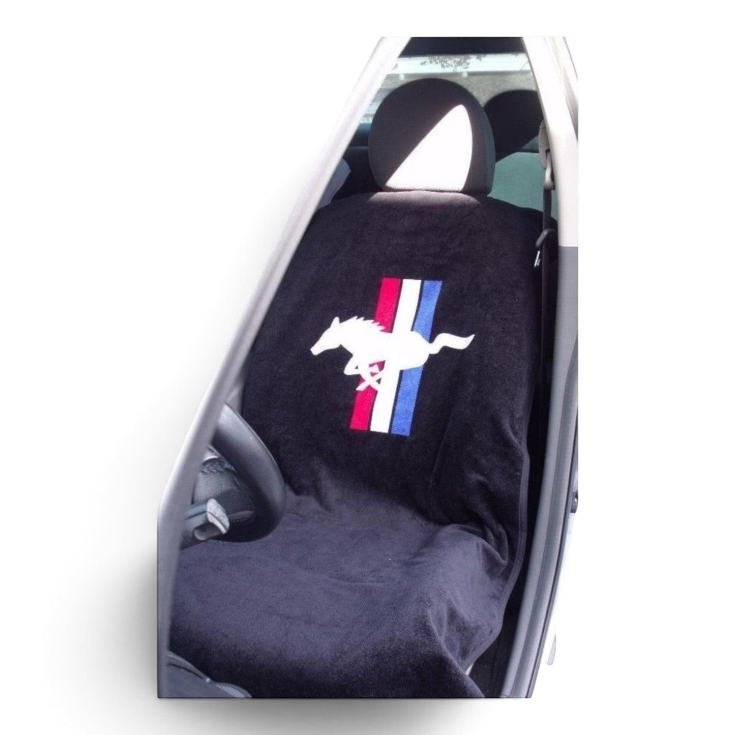 T-Top Vibes Ford Mustang black cotton terry velour car seat cover towel with red, white, and blue racing stripes