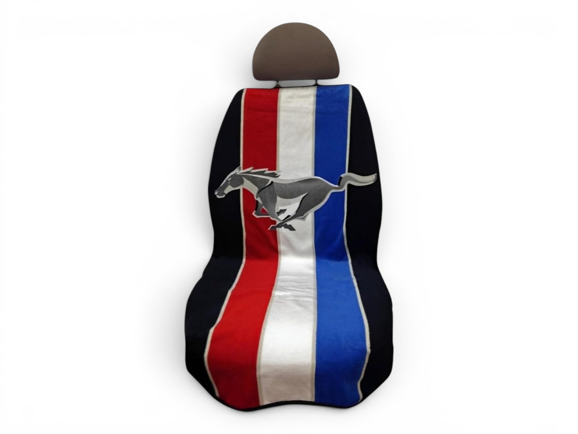 T-Top Vibes Ford Mustang Tribar cotton seat cover towel with red, white, and blue stripes and a running horse logo.