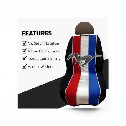 T-Top Vibes Ford Mustang tribar car seat towel in red, white, and blue cotton terry with a galloping horse logo.