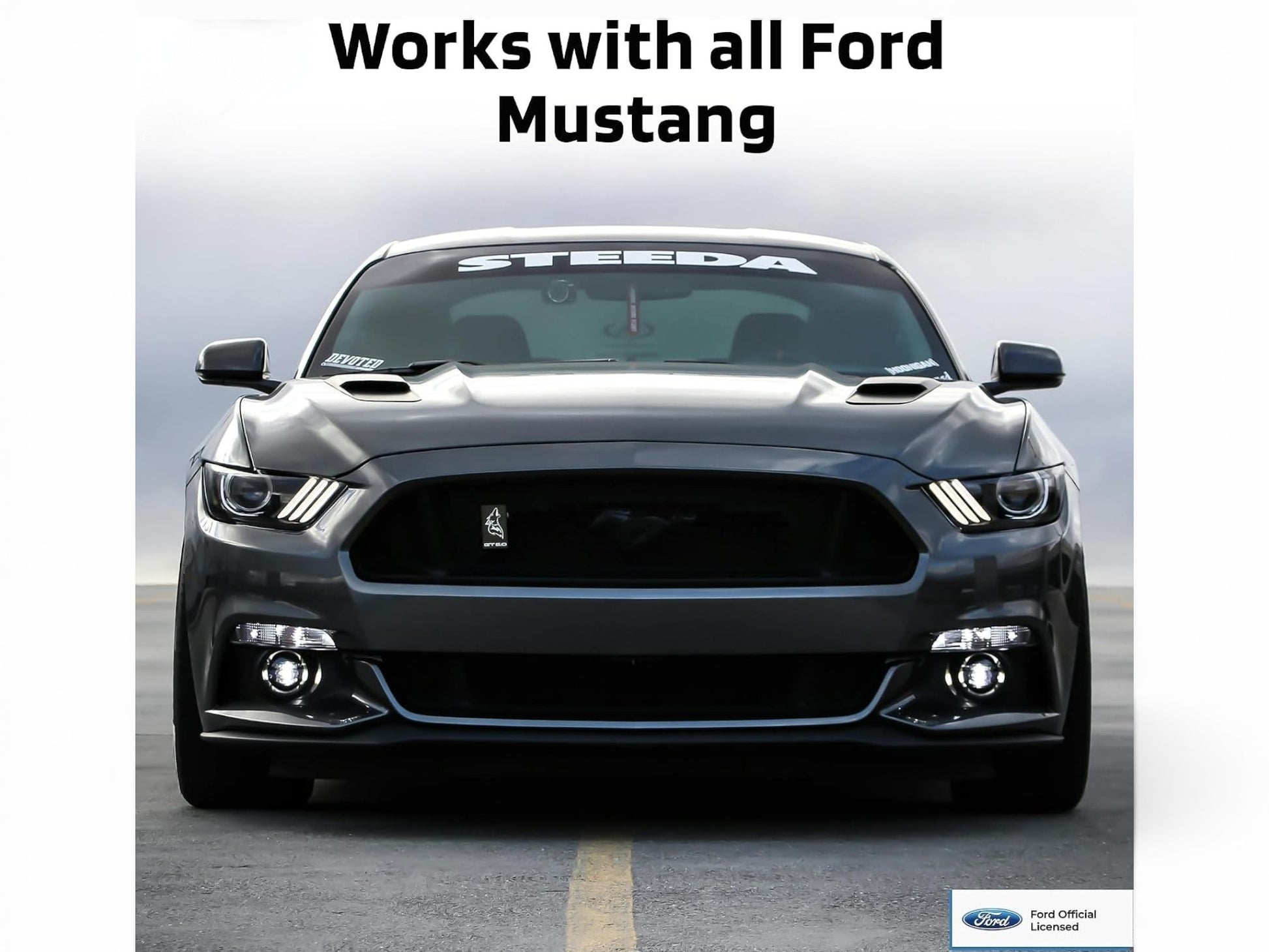 T-Top Vibes Ford Mustang Tribar car seat cover towel displayed on a dark grey Ford Mustang sports car