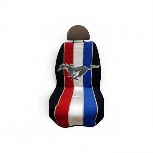 T-Top Vibes Ford Mustang tribar car seat towel in red, white, and blue cotton terry with a galloping horse logo.