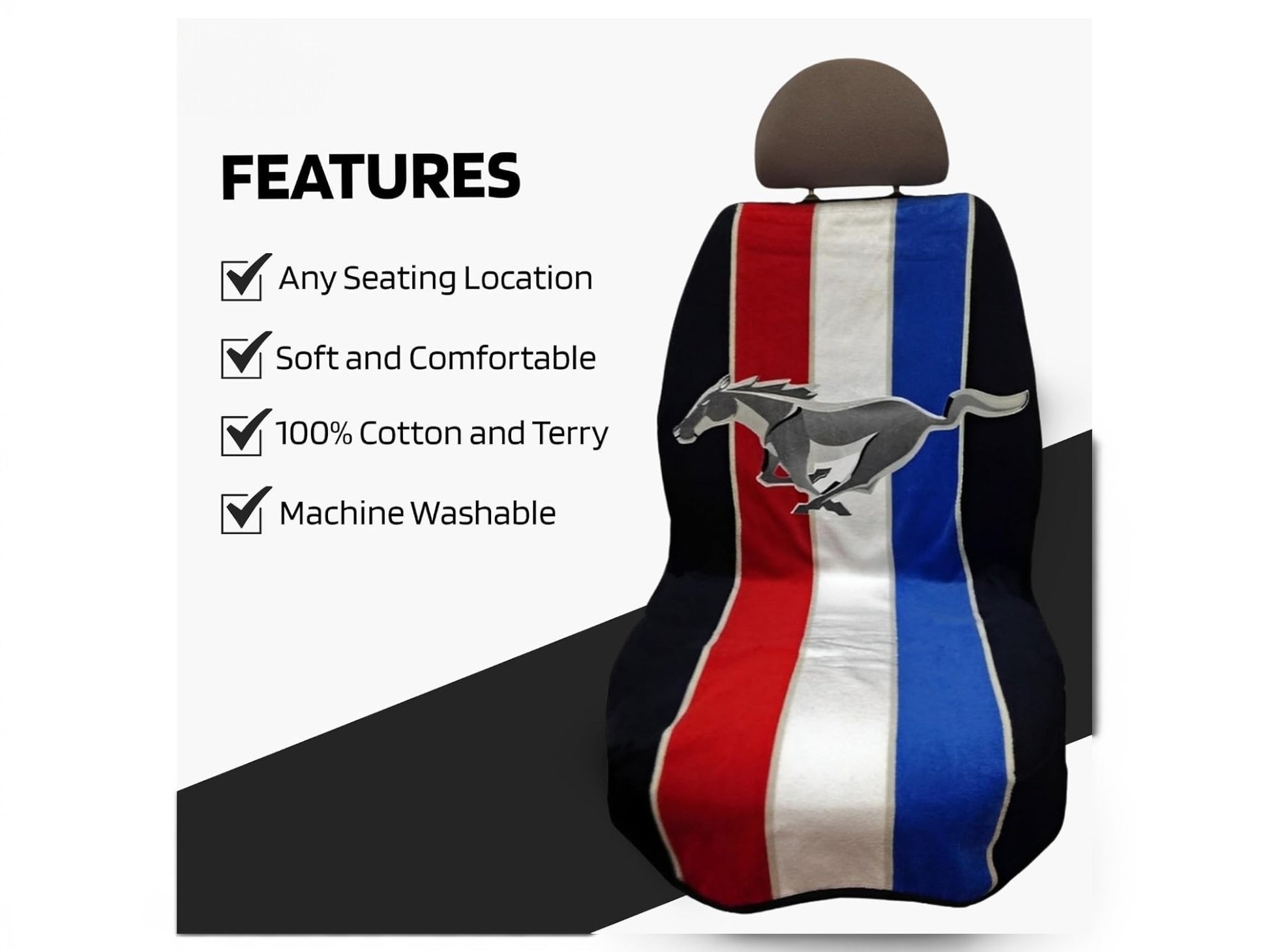 T-Top Vibes Ford Mustang car seat cover towel with red, white, and blue stripes and a grey running horse logo.