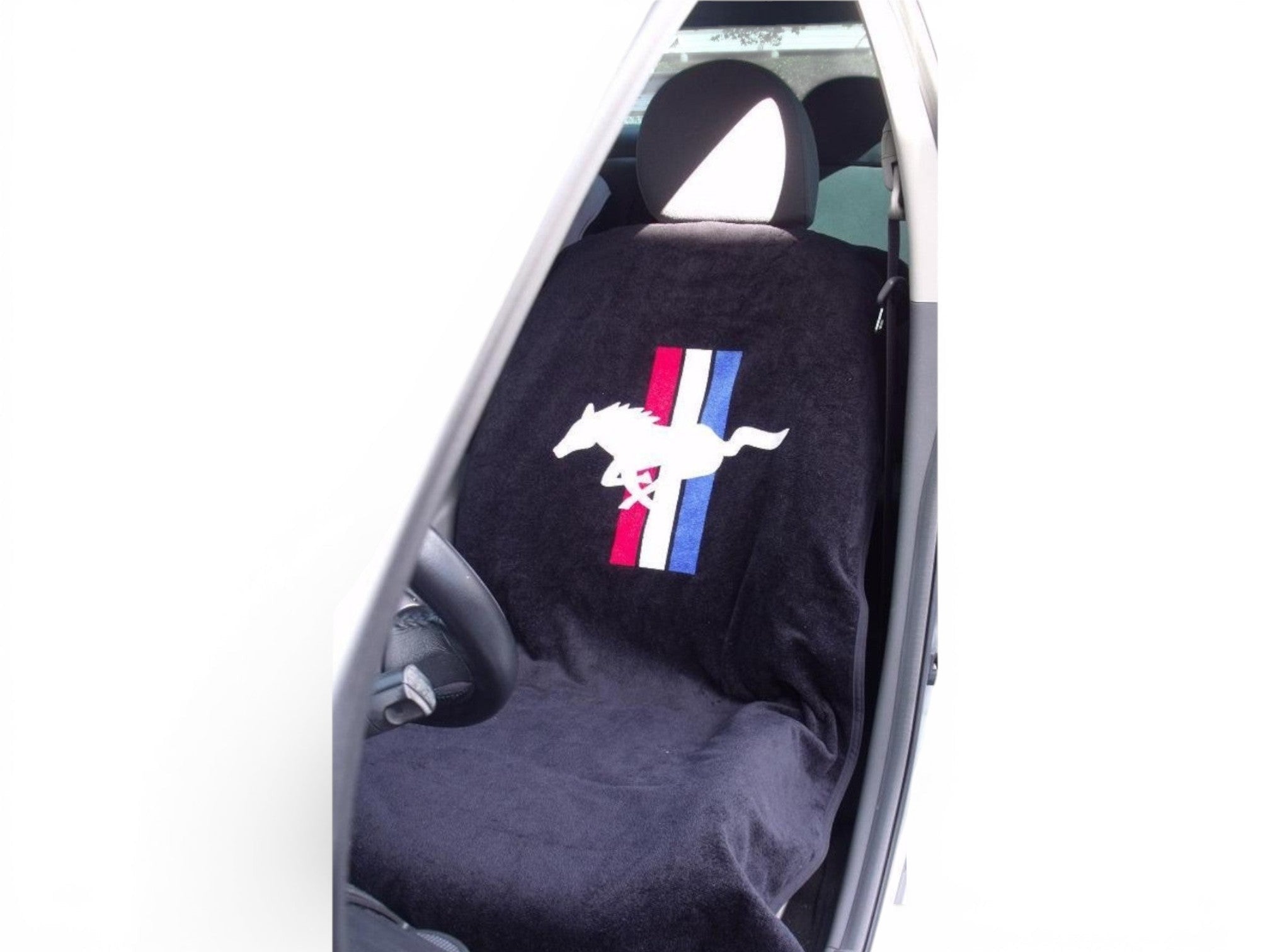 T-Top Vibes black cotton terry Ford Mustang seat protector towel with iconic pony logo and red white blue stripes