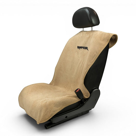 T-Top Vibes Ford Raptor tan cotton terry velour car seat cover towel draped over a black vehicle seat