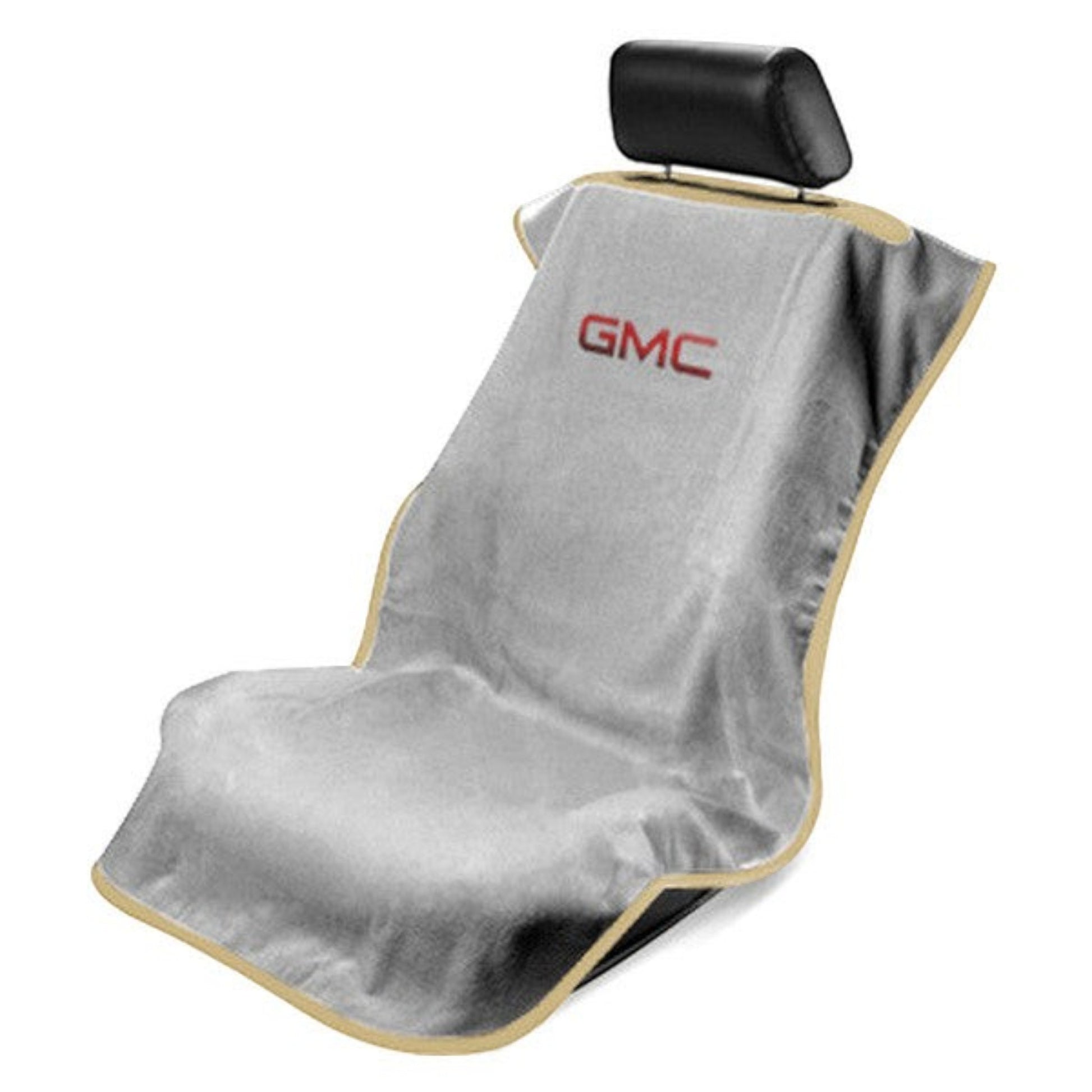 T-Top Vibes GMC grey seat cover towel with tan trim, designed to protect car seats from sweat and dirt.