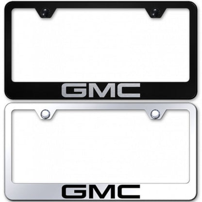 T-Top Vibes GMC stainless steel license plate frames in black and silver with laser-etched logos for US vehicles.