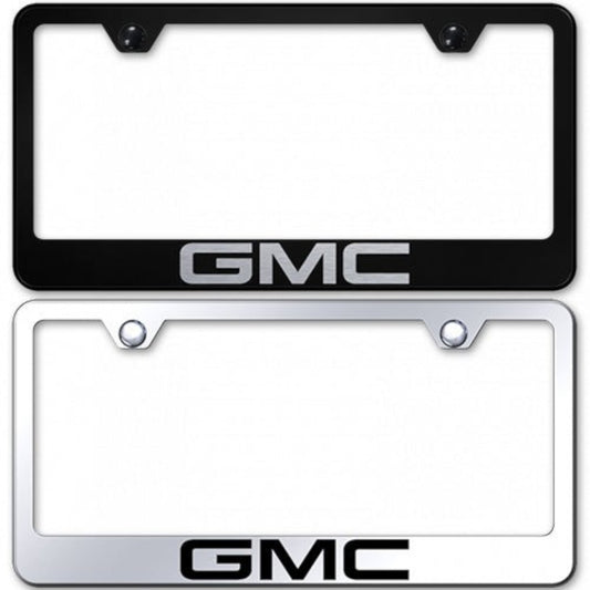 T-Top Vibes GMC stainless steel license plate frames in black and silver with laser-etched logos for US vehicles.