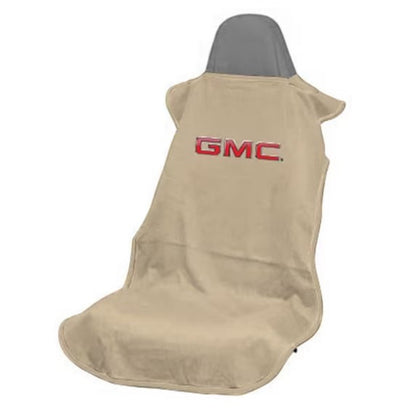 T-Top Vibes GMC tan car seat towel protector with grey headrest cover for gym, beach, and spill protection.