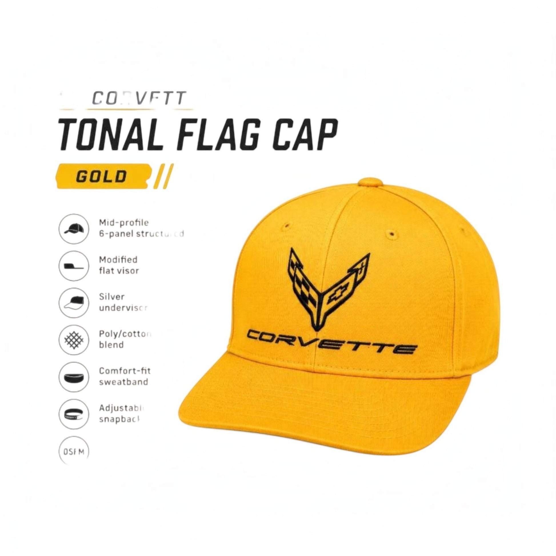 T-Top Vibes gold Corvette C8 baseball cap with tonal flag logo, structured 6-panel design and adjustable snapback.
