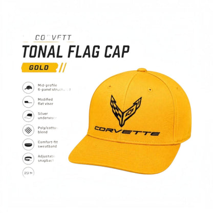 T-Top Vibes gold Corvette C8 baseball cap with tonal flag logo, structured 6-panel design and adjustable snapback.
