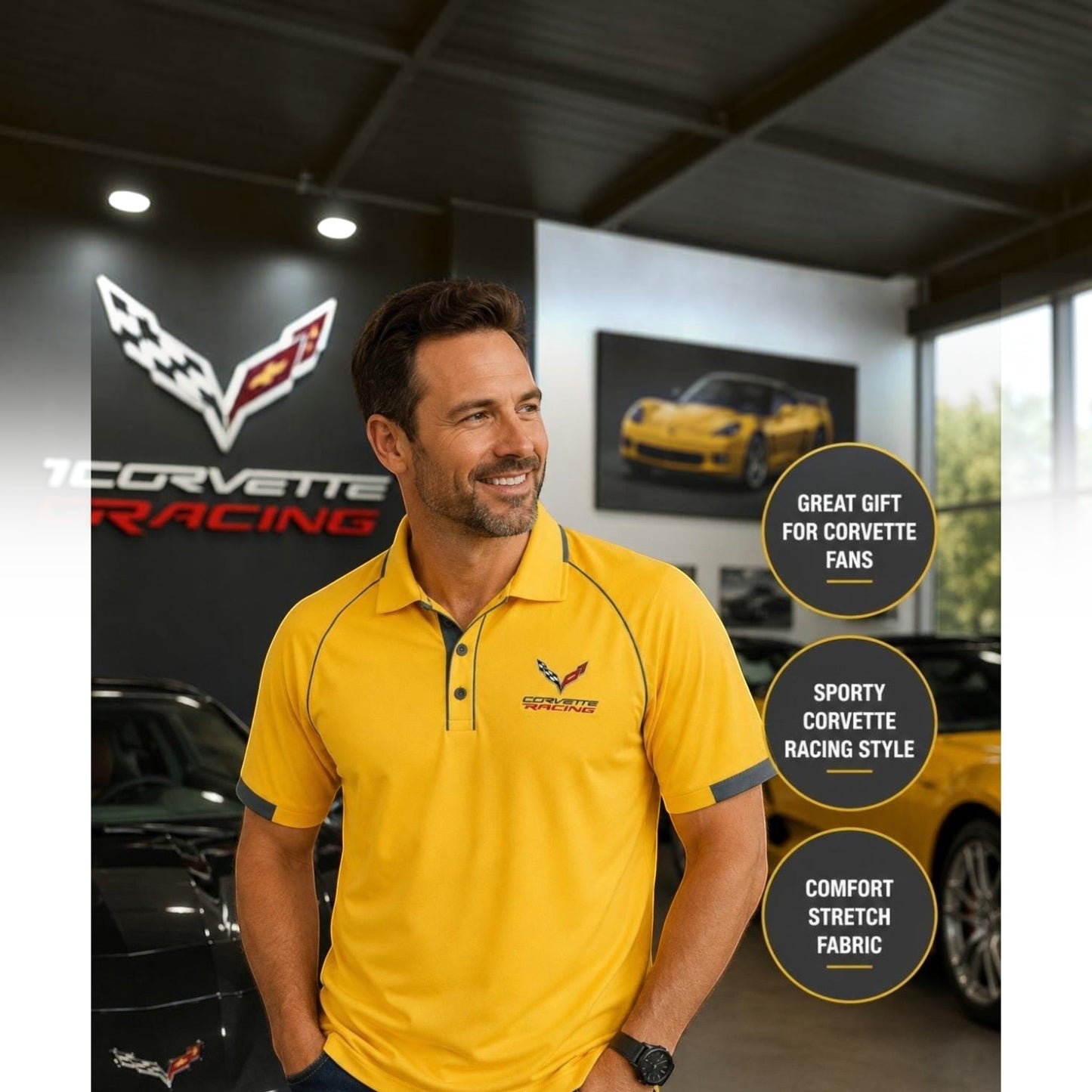 T-Top Vibes men's gold and graphite Corvette Racing performance polo with embroidered C7 emblem on the chest.