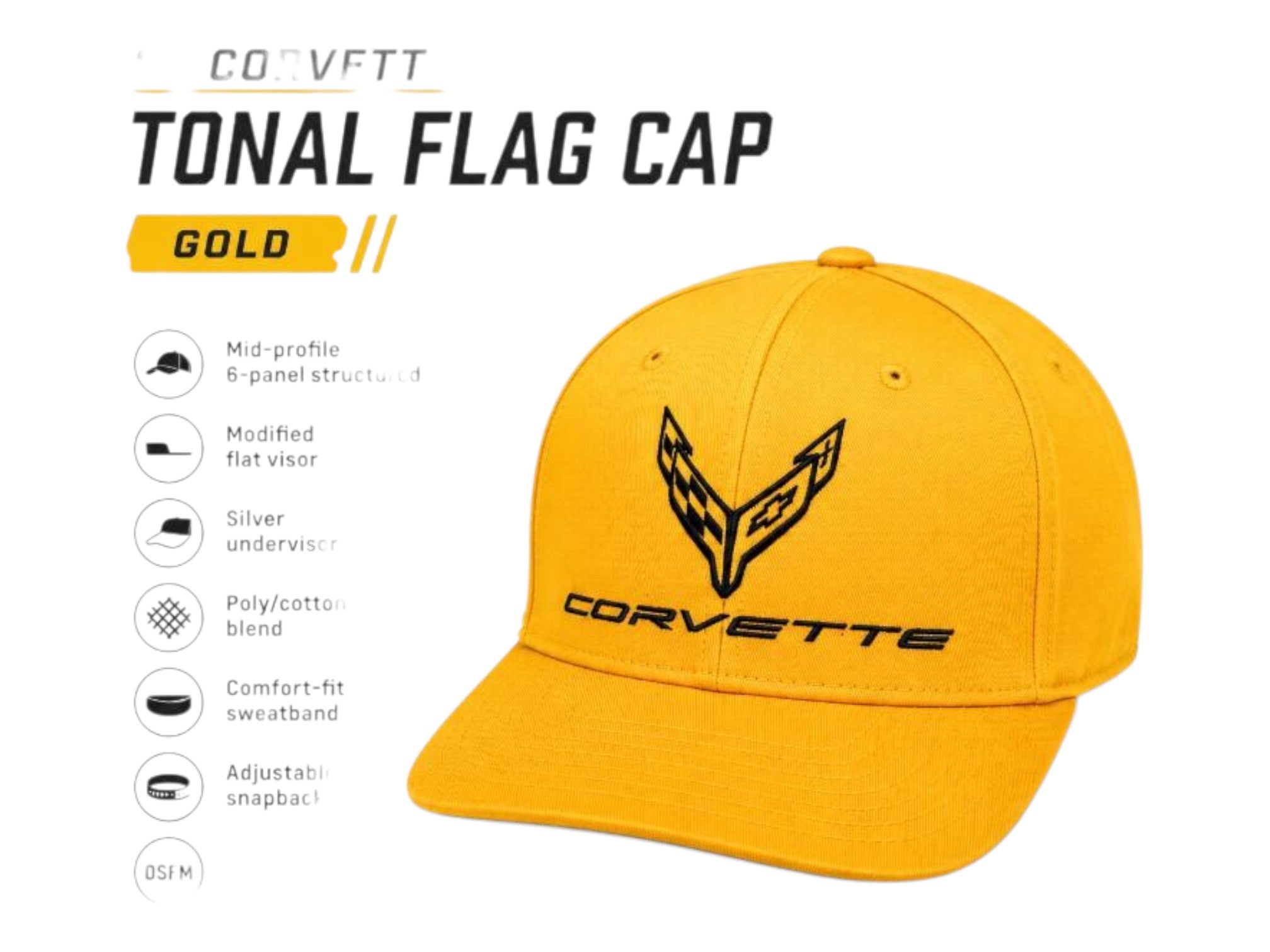 T-Top Vibes gold C8 Corvette snapback cap with black tonal flag logo, 6-panel structured design and flat visor.