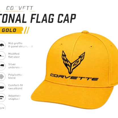 T-Top Vibes gold C8 Corvette snapback cap with black tonal flag logo, 6-panel structured design and flat visor.