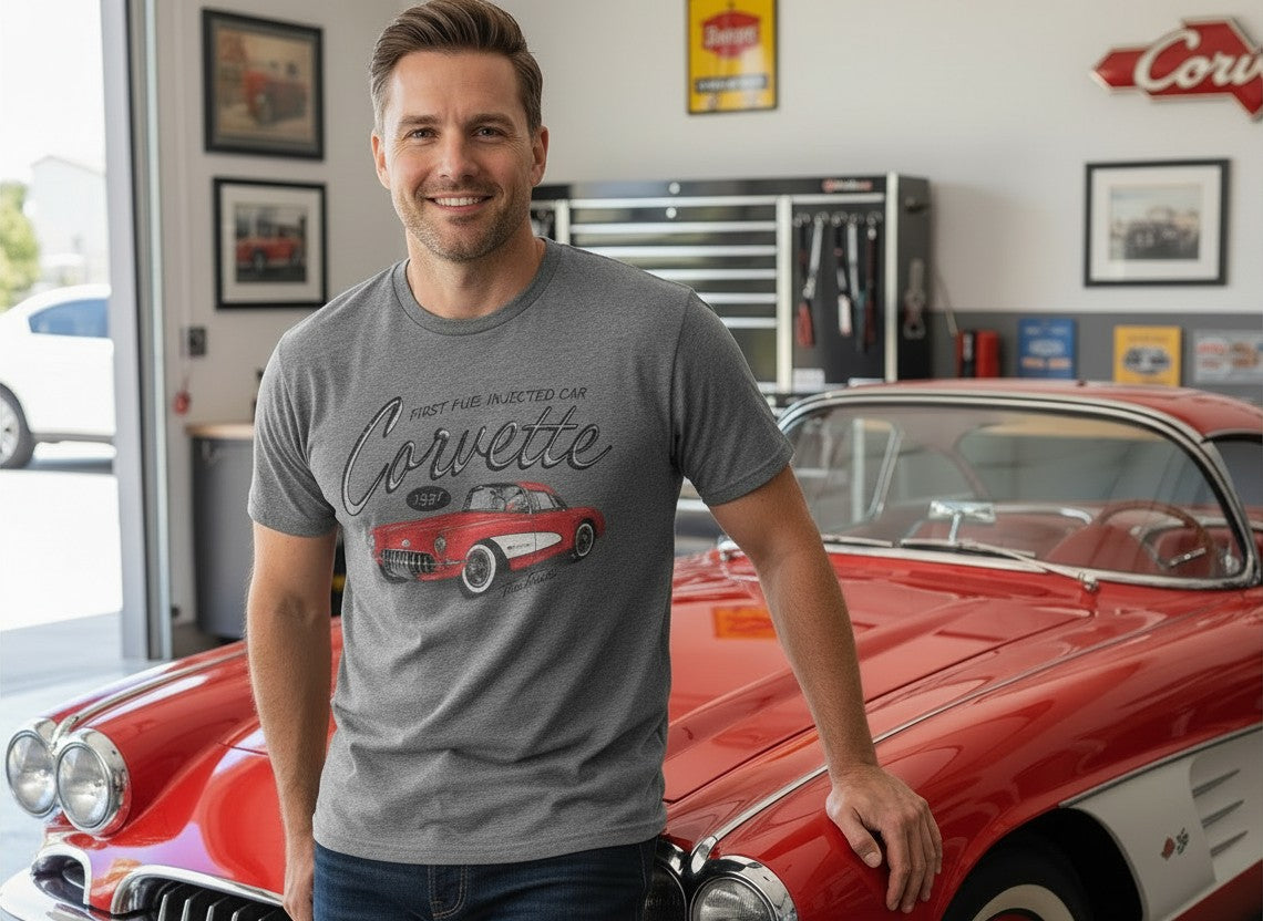 T-Top Vibes vintage graphite Corvette graphic t-shirt worn by a man standing next to a red classic car in a garage.