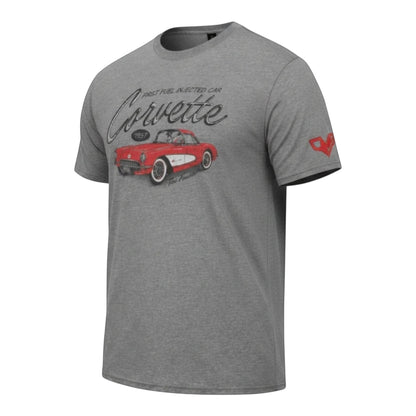 T-Top Vibes graphite grey vintage Corvette t-shirt with 1957 car graphic and red sleeve logo in soft cotton blend