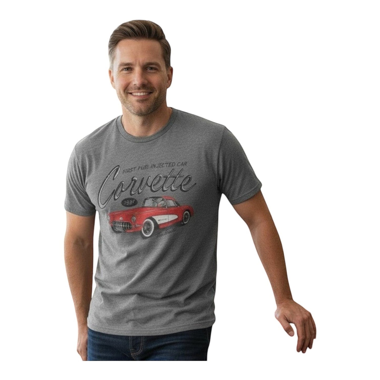 T-Top Vibes vintage graphite Corvette graphic t-shirt worn by a man standing next to a red classic car in a garage.