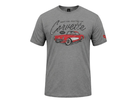 T-Top Vibes graphite grey cotton blend t-shirt featuring a vintage 1957 red Corvette graphic print on the front.