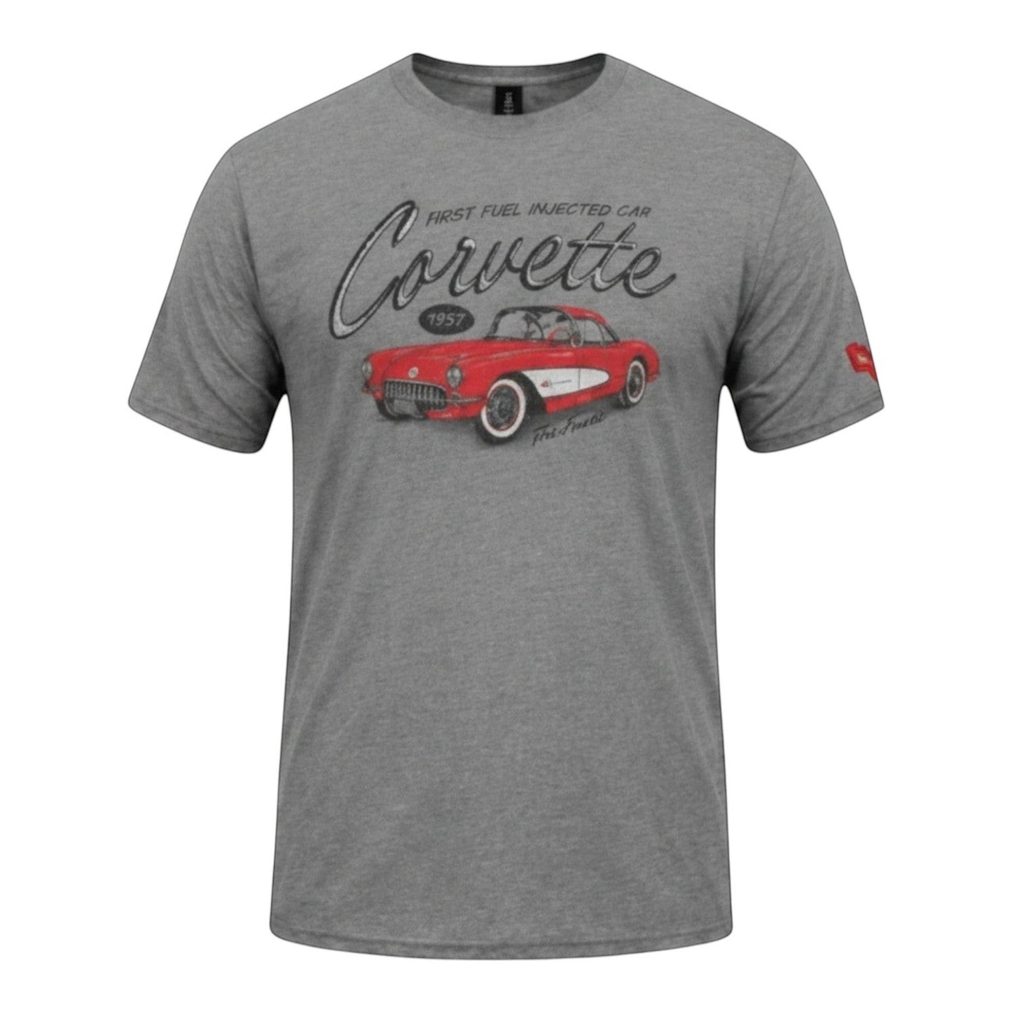T-Top Vibes graphite grey cotton blend t-shirt featuring a vintage 1957 red Corvette graphic print on the front.