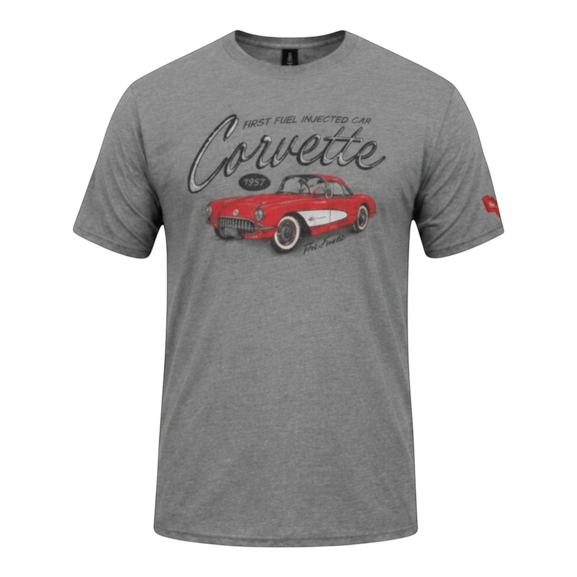 T-Top Vibes graphite grey cotton blend t-shirt featuring a vintage 1957 red Corvette graphic print on the front.