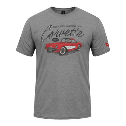 T-Top Vibes graphite grey cotton blend t-shirt featuring a vintage 1957 red Corvette graphic print on the front.