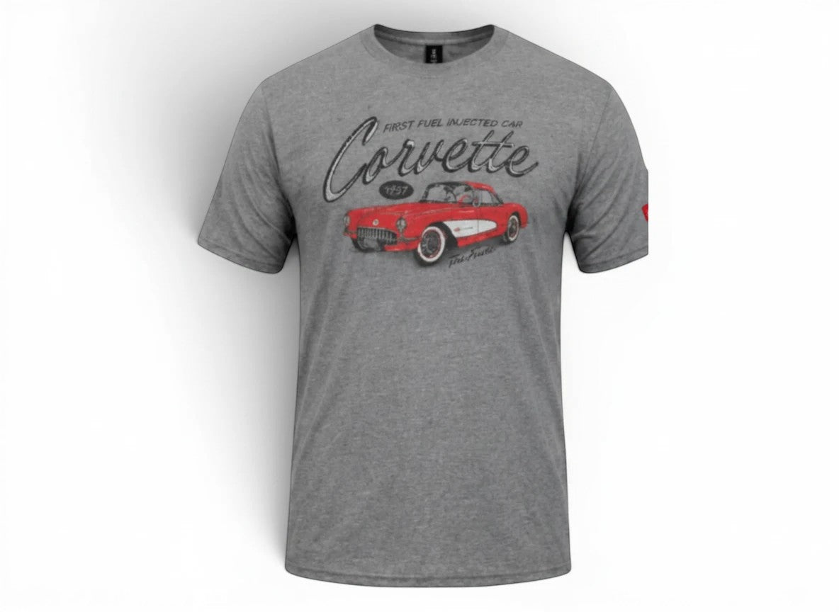 T-Top Vibes graphite grey crewneck t-shirt featuring a vintage 1957 red Corvette graphic print on the front.