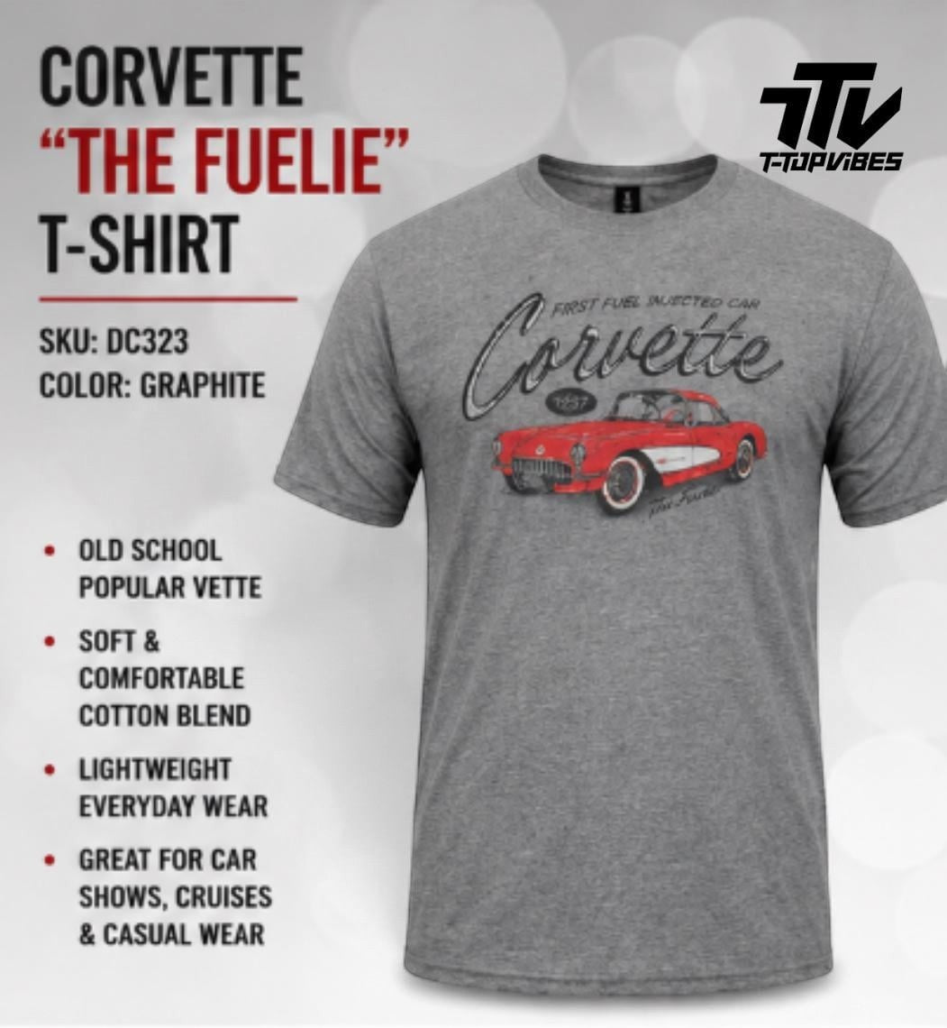 T-Top Vibes graphite grey crewneck t-shirt featuring a vintage 1957 Corvette The Fuelie graphic print