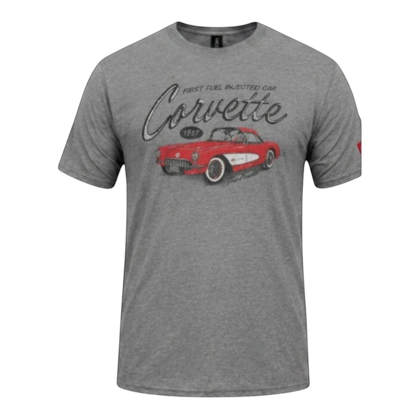 T-Top Vibes graphite grey vintage Corvette T-shirt featuring a 1957 red car graphic on a soft cotton blend fabric.