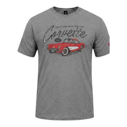 T-Top Vibes graphite grey vintage Corvette T-shirt featuring a 1957 red car graphic on a soft cotton blend fabric.
