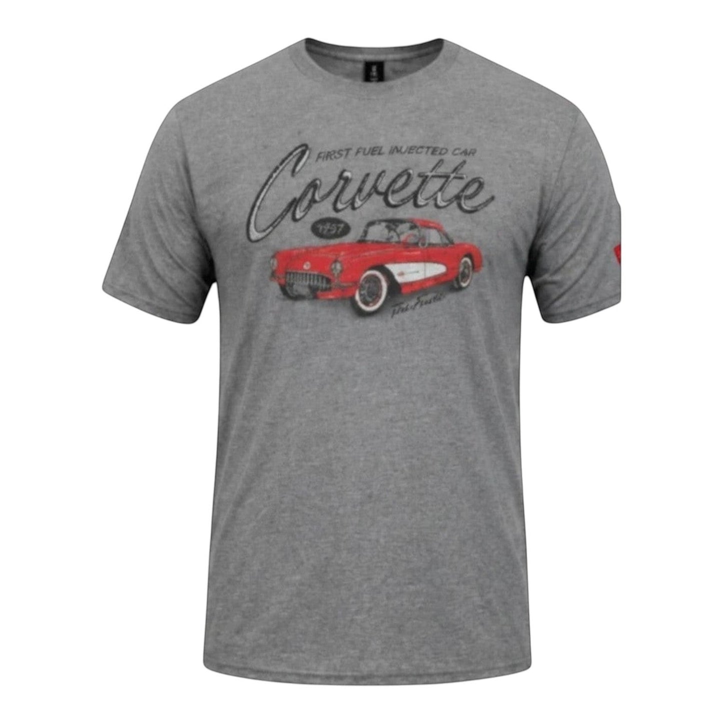 T-Top Vibes graphite grey crewneck t-shirt featuring a vintage 1957 red Corvette graphic print on the front.