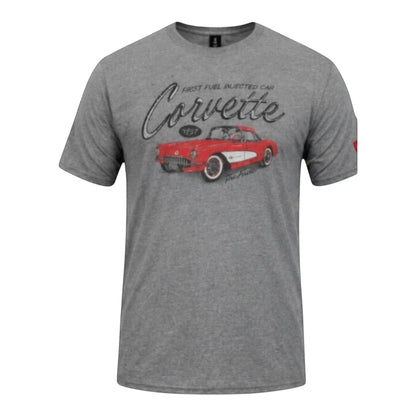 T-Top Vibes graphite grey crewneck t-shirt featuring a vintage 1957 red Corvette graphic print on the front.