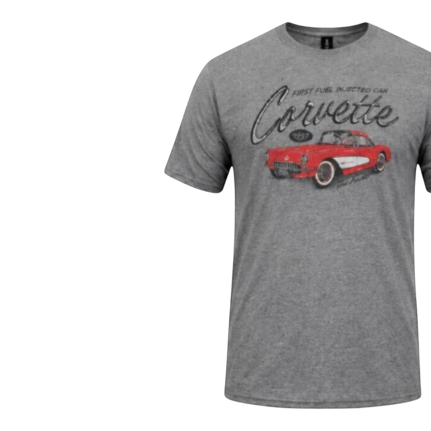 T-Top Vibes graphite grey crewneck t-shirt featuring a vintage 1957 Corvette The Fuelie graphic print