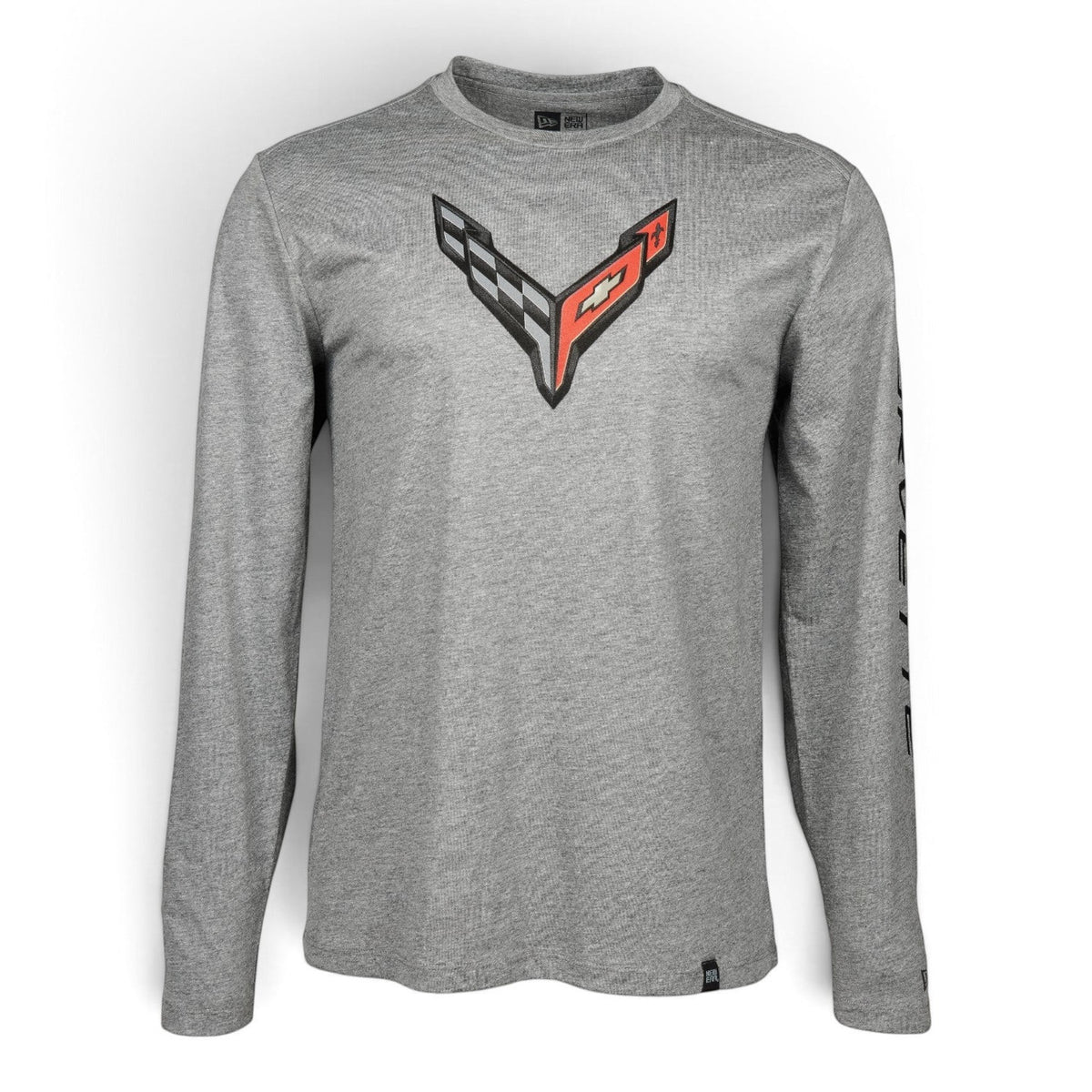 T-Top Vibes gray long-sleeve T-shirt featuring a C8 Corvette Carbon Flash logo on the chest and sleeve text
