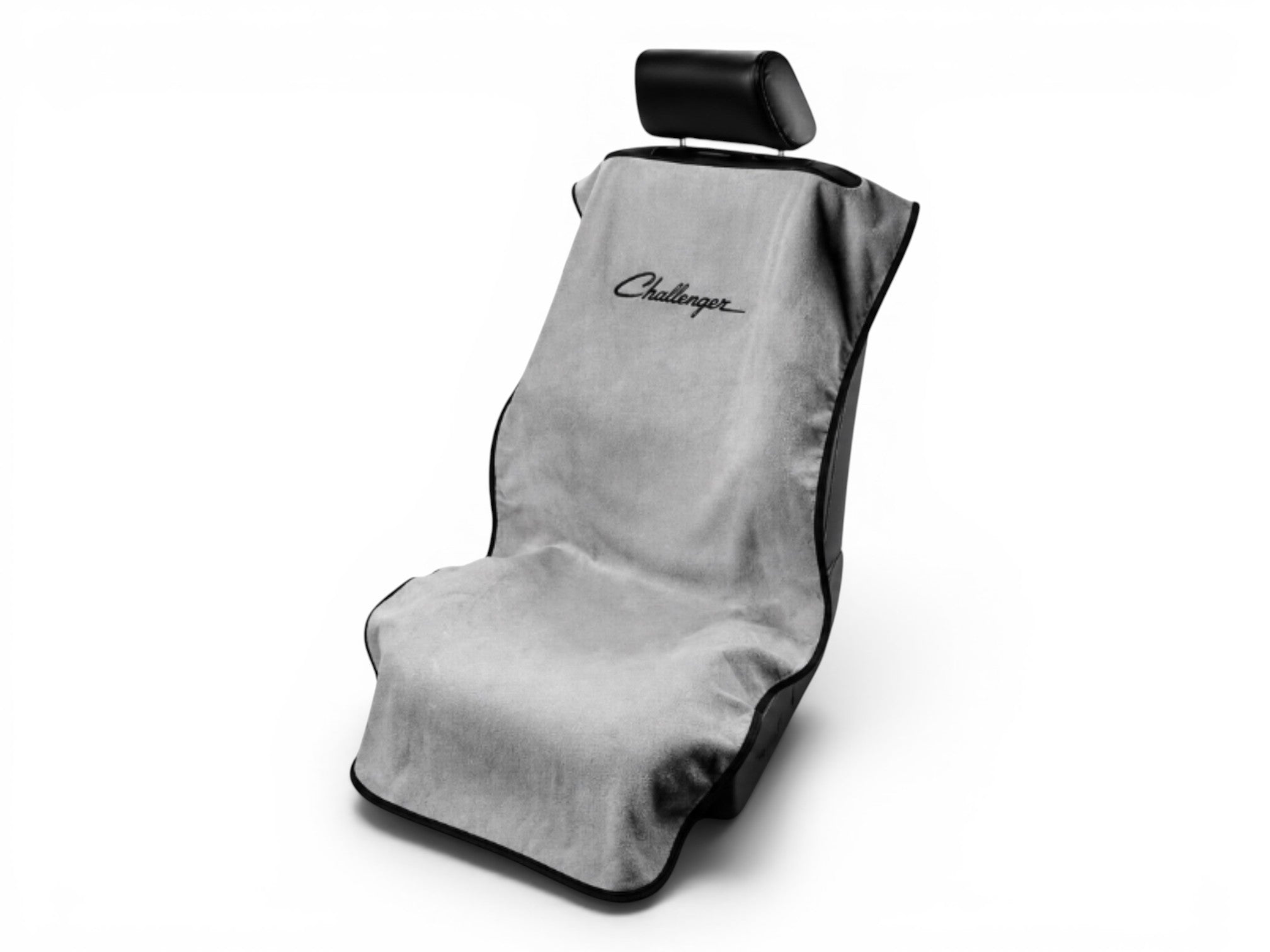 T-Top Vibes gray cotton terry velour Seat Armour towel with embroidered Challenger logo for car bucket seats
