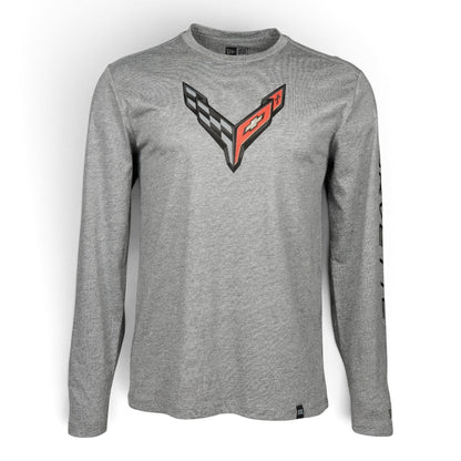 T-Top Vibes gray long-sleeve T-shirt featuring a C8 Corvette Carbon Flash logo on the chest and sleeve branding.
