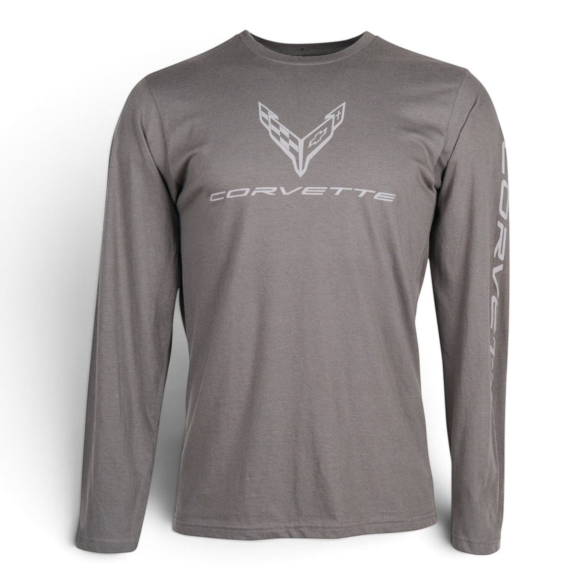 T-Top Vibes gray long-sleeve cotton T-shirt featuring a white Corvette C8 logo on the chest and sleeve.