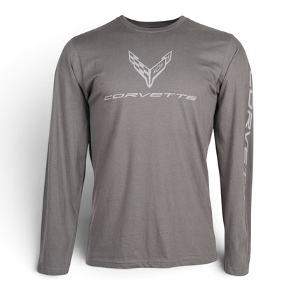 T-Top Vibes gray long-sleeve cotton T-shirt featuring a white Corvette C8 logo on the chest and sleeve.