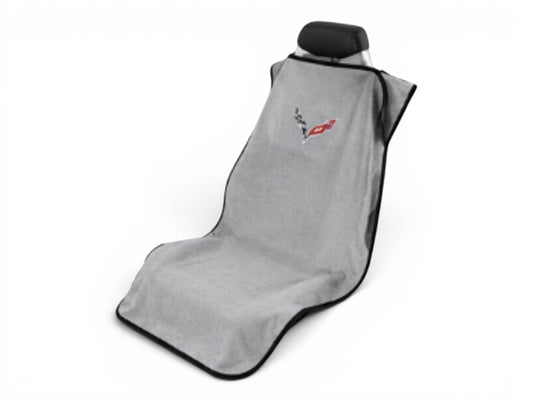 T-Top Vibes gray cotton terry velour seat cover towel with embroidered C8 Corvette logo for bucket seats