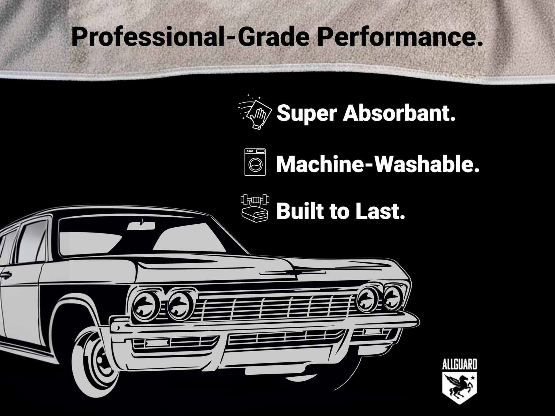 T-Top Vibes AllGuard gray microfiber car drying towel featuring professional-grade performance and car illustration