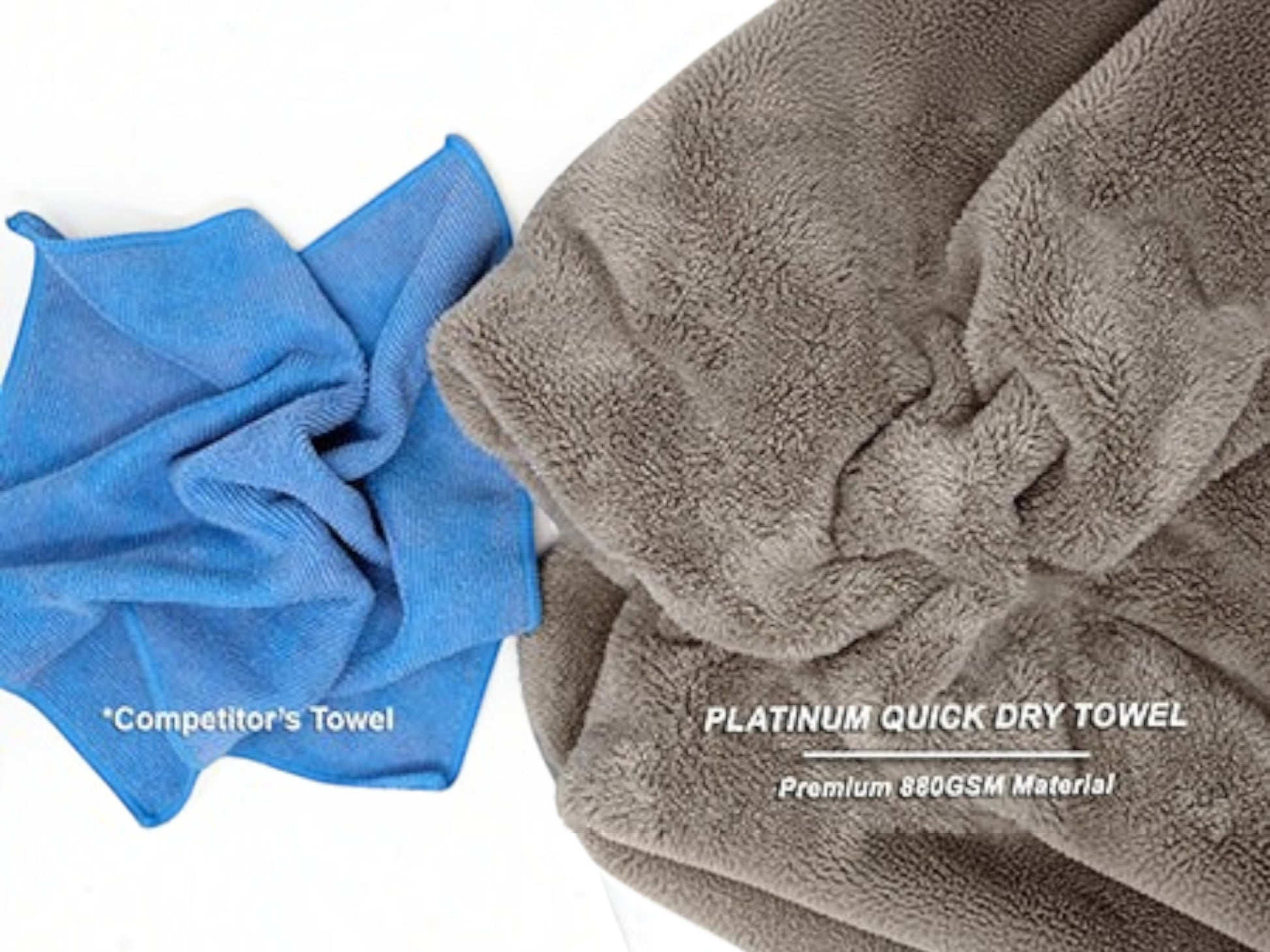 T-Top Vibes AllGuard Platinum gray microfiber car drying towel compared to a standard blue competitor towel