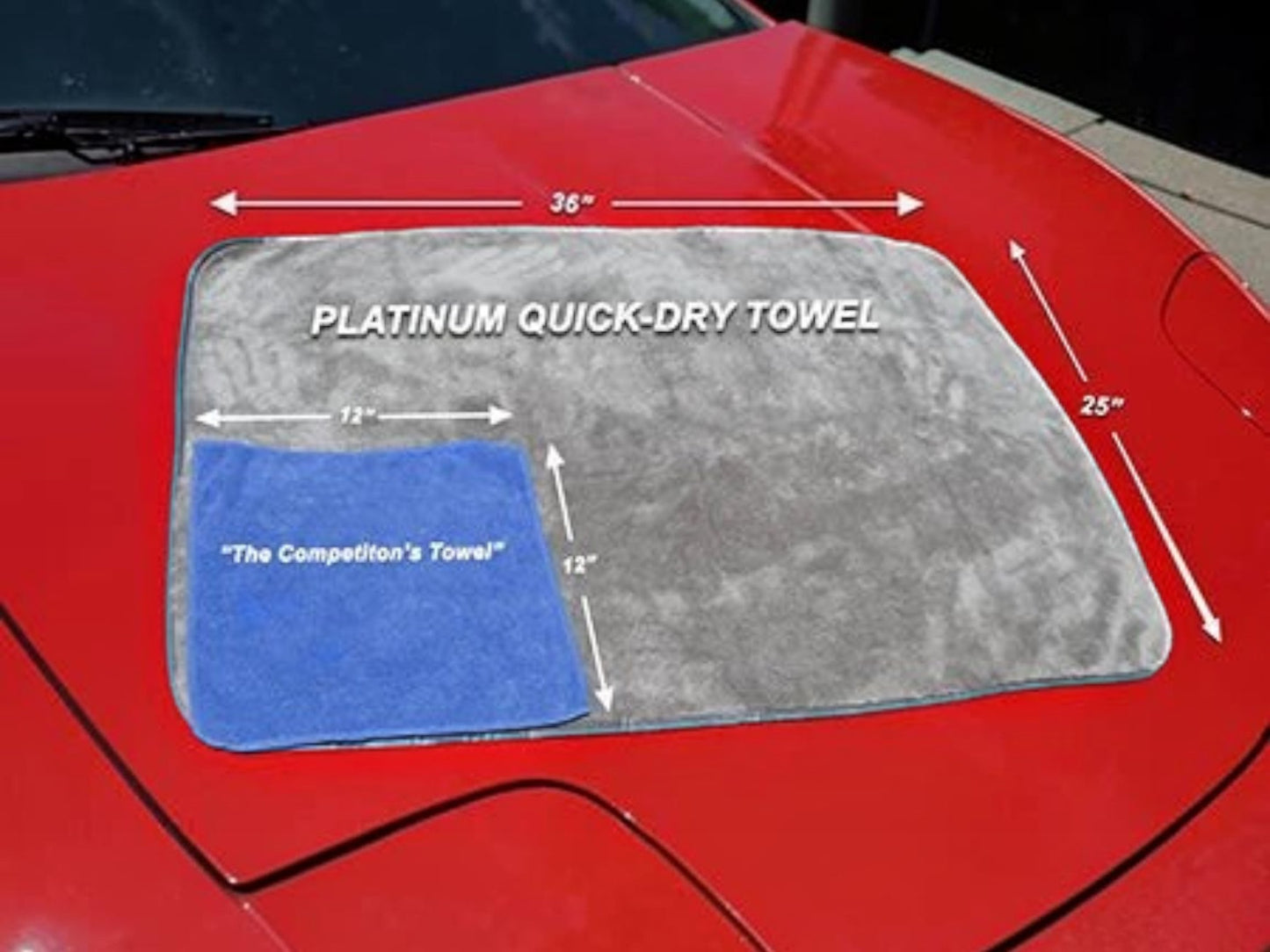 T-Top Vibes AllGuard Platinum gray microfiber drying towel compared to a smaller blue towel on a red car hood.