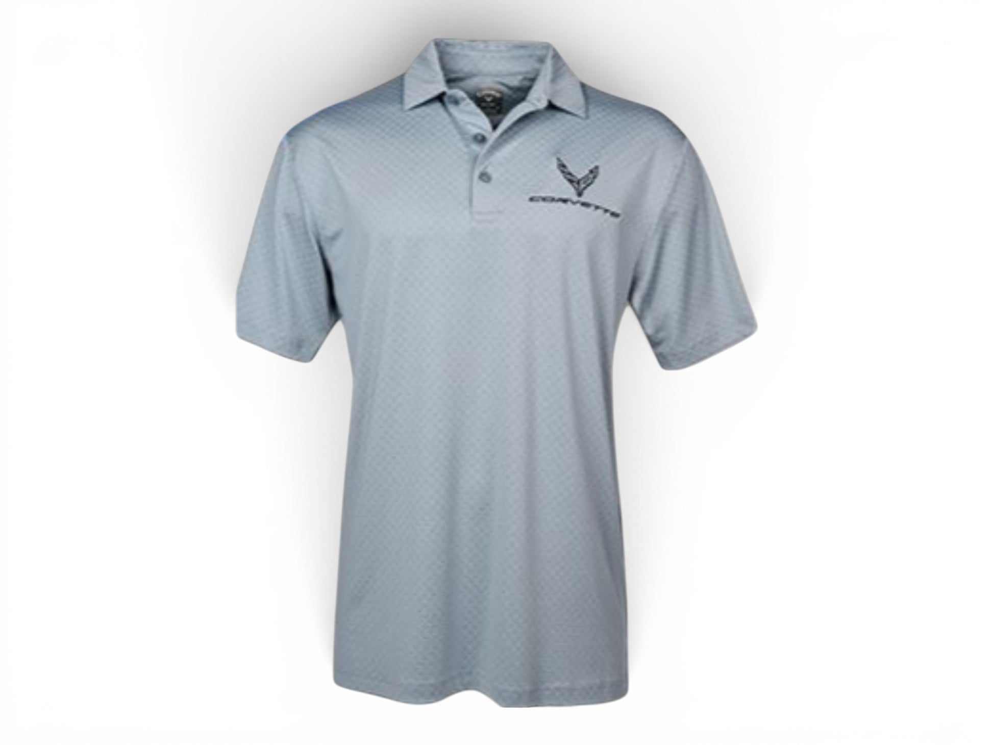 T-Top Vibes grey C8 Corvette Callaway performance polo with moisture-wicking fabric and embroidered logo.