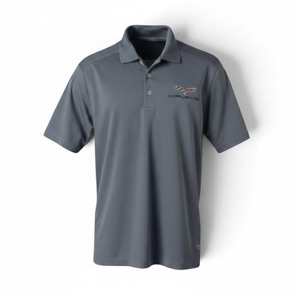 T-Top Vibes grey Callaway Dry Core performance polo shirt with embroidered C6 Corvette emblem and three-button placket