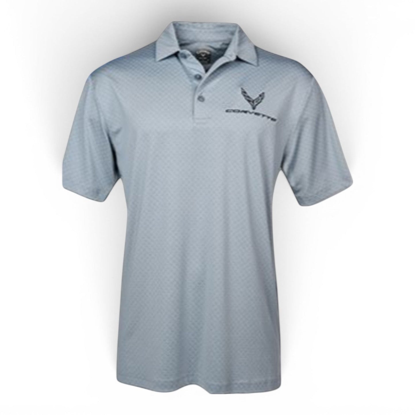 T-Top Vibes grey C8 Corvette Callaway performance polo with moisture-wicking fabric and embroidered logo.