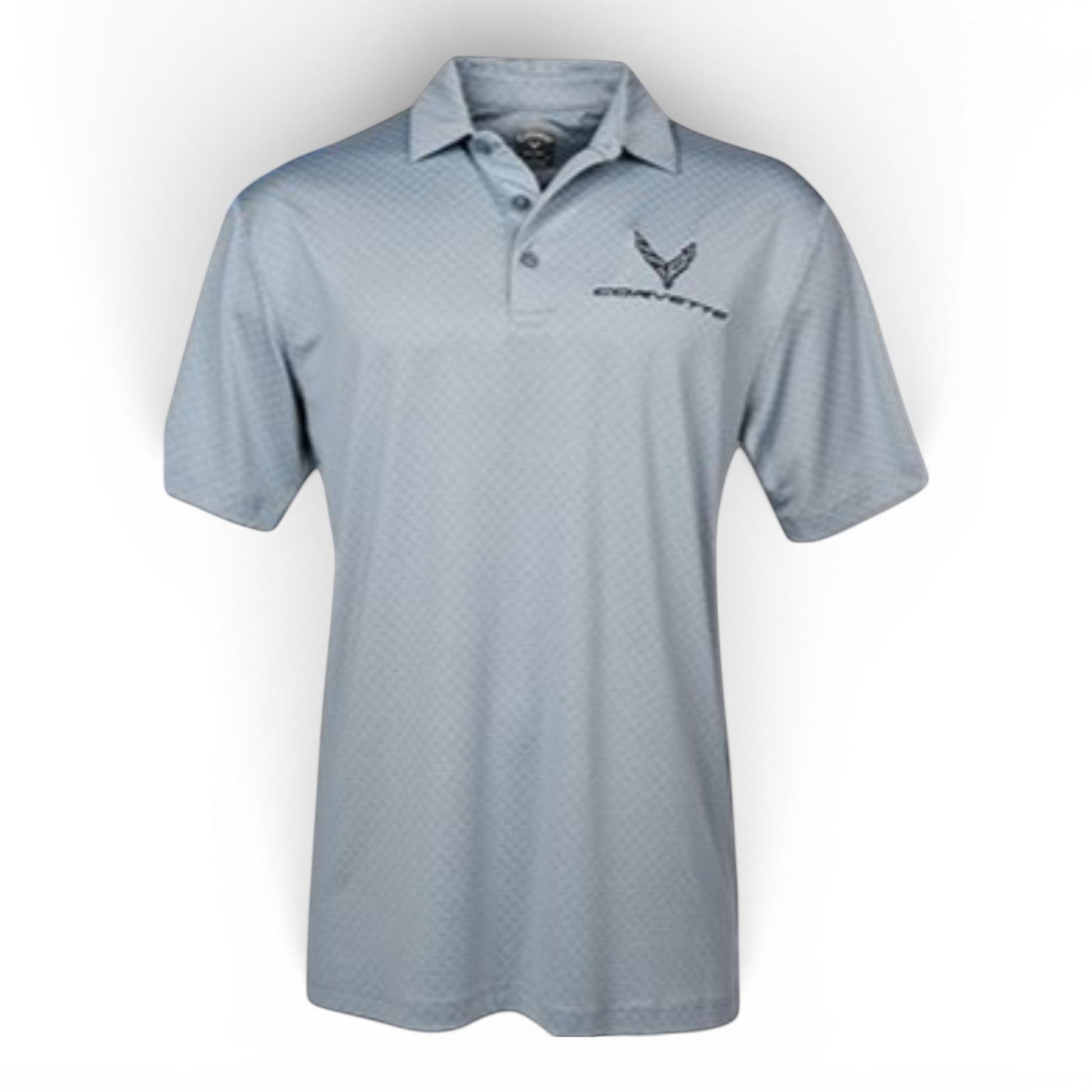 T-Top Vibes grey C8 Corvette Callaway performance polo with moisture-wicking fabric and embroidered logo.