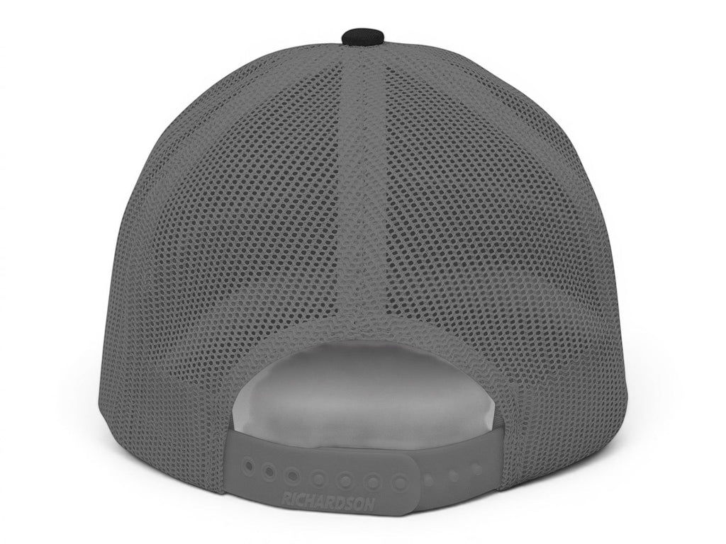 T-Top Vibes grey trucker hat with breathable mesh back and adjustable plastic snapback closure, rear view.