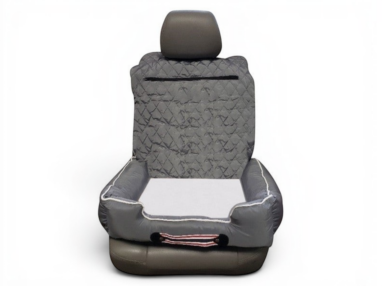 T-Top Vibes universal grey quilted pet bed and car seat cover with a zippered storage compartment on a bucket seat.