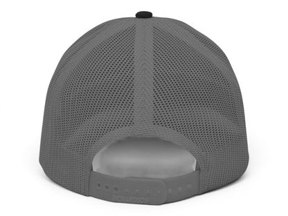 T-Top Vibes grey trucker hat back view showing breathable mesh panels and adjustable plastic snapback closure