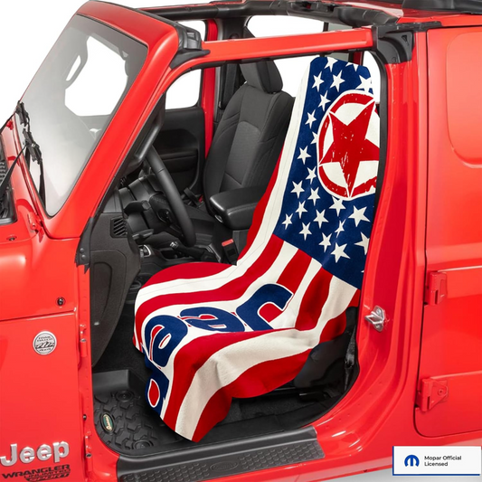 T-Top Vibes Jeep American flag cotton car seat cover towel with red, white, and blue stars and stripes design.