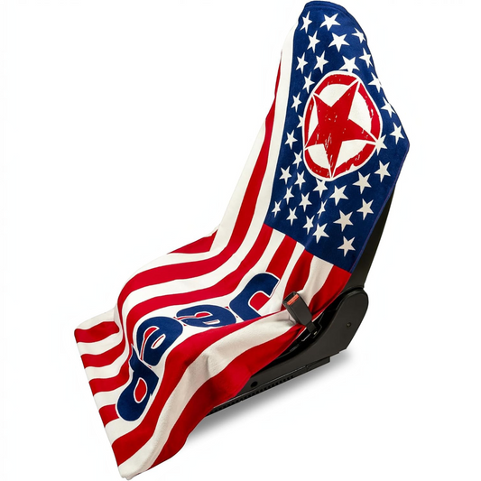 T-Top Vibes Jeep American flag car seat cover towel in red, white, and blue cotton with a prominent Jeep logo.